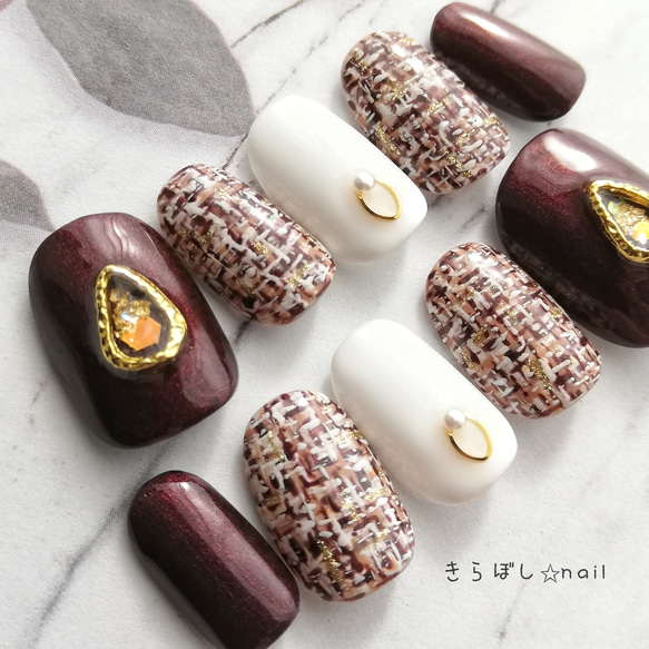 即おしゃれ♡ブラウンツイードネイル【注文時サイズ必須です♡】【vol