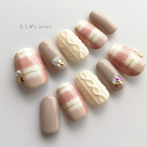 グレージュ♬ニット＆チェックネイル【注文時サイズ必須です♡ 【vol  