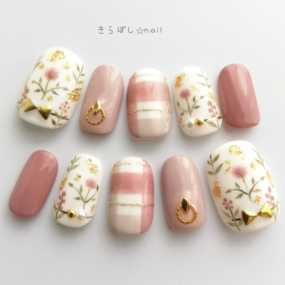 チェック＆ボタニカルフラワー♡ネイル【注文時サイズ必須です