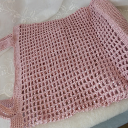手編みのカラフル　小さめなネットバッグ（トートバッグ型）　ピンク　送料無料！ 5枚目の画像