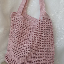 手編みのカラフル　小さめなネットバッグ（トートバッグ型）　ピンク　送料無料！ 7枚目の画像