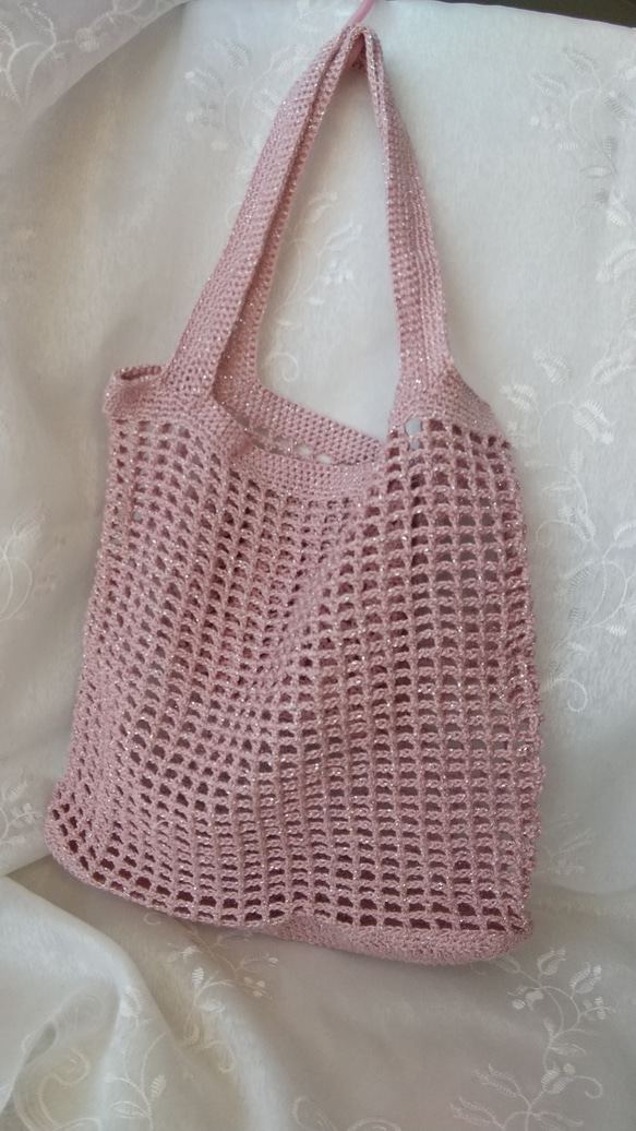 手編みのカラフル　小さめなネットバッグ（トートバッグ型）　ピンク　送料無料！ 7枚目の画像