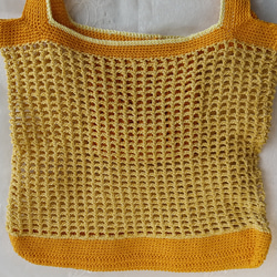 手編みカラフル　小さめなネットバッグ（トートバッグ型）オレンジ×イエロー　送料無料！ 3枚目の画像