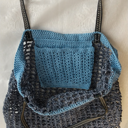 手編みネットバッグ（トートバッグ型）ダークブルー　送料無料！ 1枚目の画像