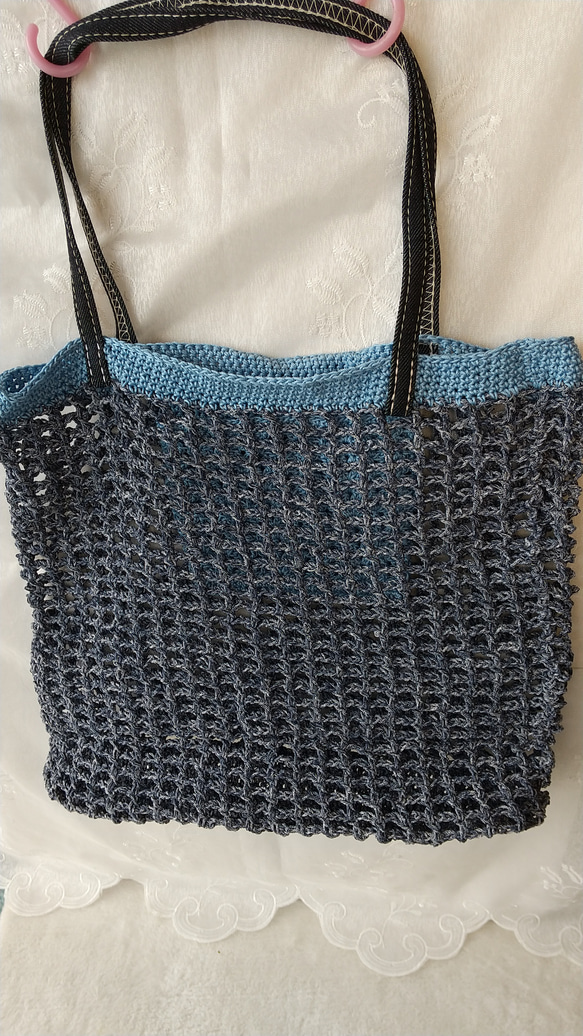 手編みネットバッグ（トートバッグ型）ダークブルー　送料無料！ 2枚目の画像