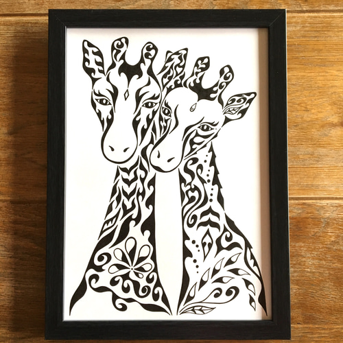 キリン（きりん）の夫婦】ペン画 手書きの原画です(^-^) 絵画 タカヒロ  