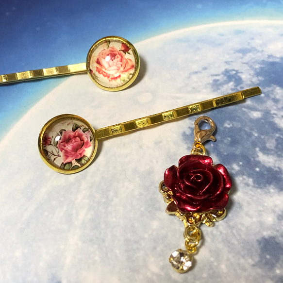 【送料無料】〈3点セット 〉♡薔薇デザイン ヘアピン２本&チャーム♡ 1枚目の画像
