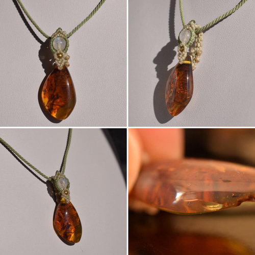 hanatae 琥珀　マクラメ　ネックレス 琥珀（ブルーグリーンアンバー）のマクラメ編みネックレス（1