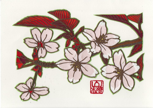 切り絵「日本の桜・山桜」カラー原画 2枚目の画像