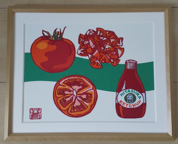 切り絵・POPな野菜「完熟トマトの希望進路」　カラー原画 1枚目の画像