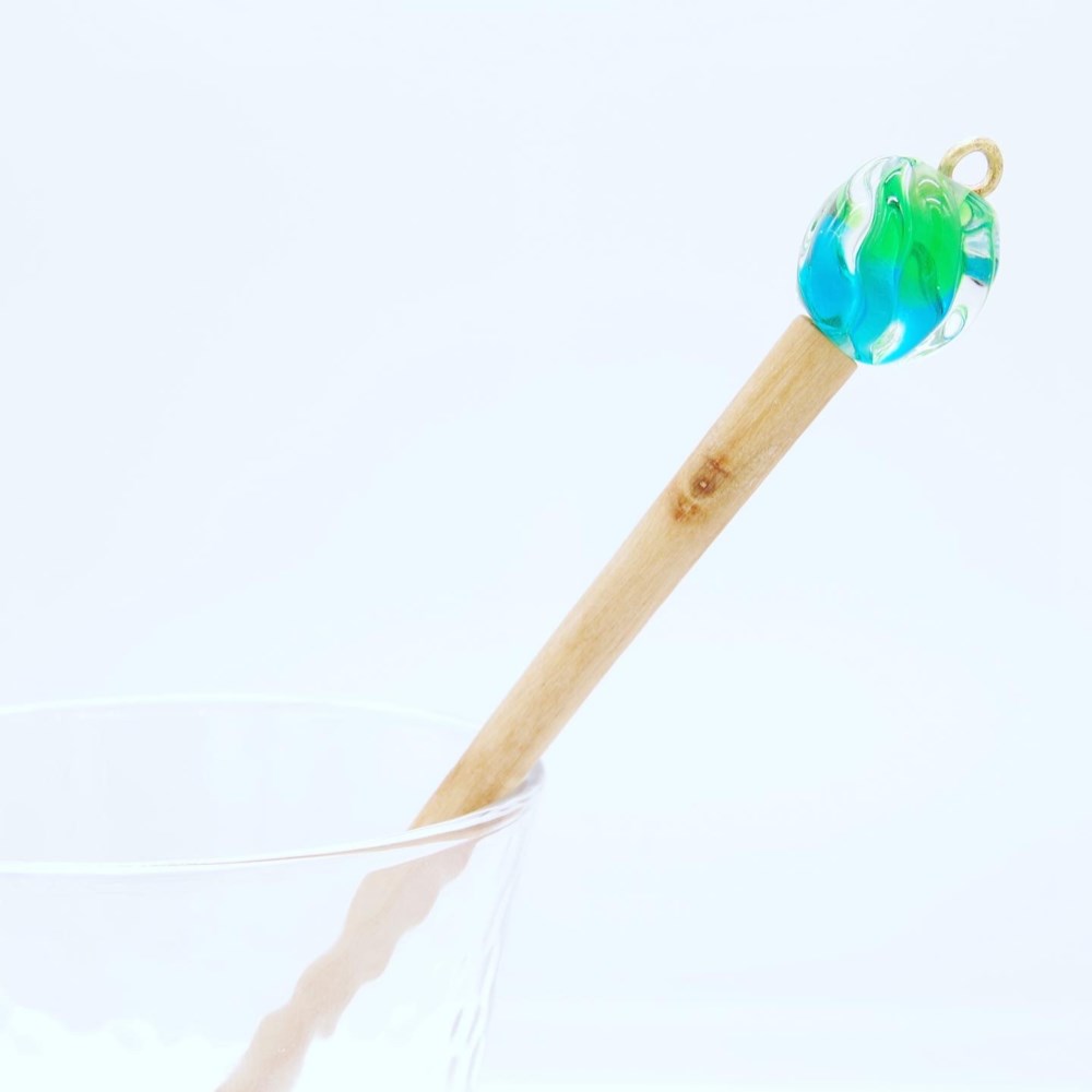 二色玉ひねりのオリーブ木製簪