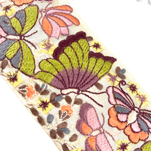 A2 ☆50cm☆ インド刺繍リボン グリーン バタフライ ちょうちょ 蝶