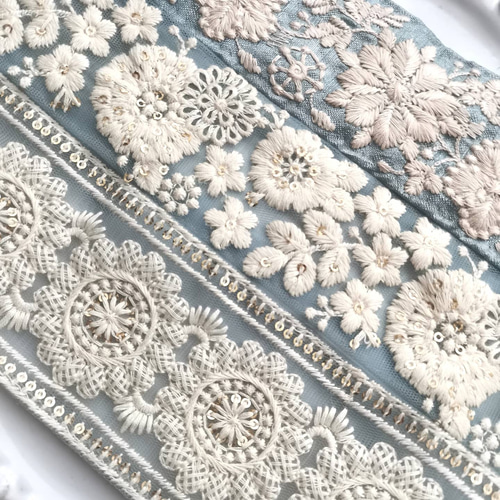AS72 ☆各約25cm×3☆ インド刺繍リボン アソートセット ブルー系