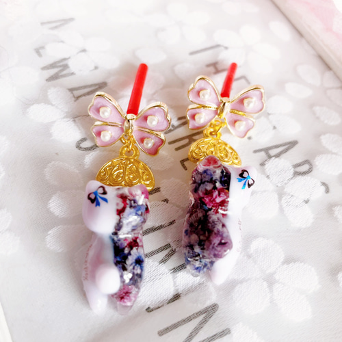 猫 ネコ にゃんこ レジン リトルウッズ ミニ薔薇 琉球ガラス リボン ピアス 猫 ネコ にゃんこ レジン リトルウッズ ミニ薔薇 琉球ガラス