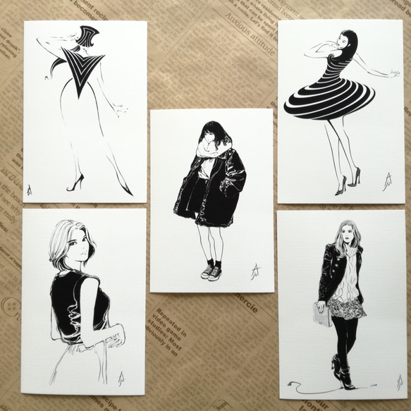 モノクロポストカード5種類セット/アート イラスト 版画 絵 モノクロポストカード5種類セット/アート イラスト 版画 絵