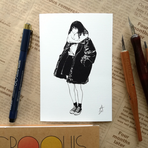 モノクロポストカード5種類セット/アート イラスト 版画 絵 イラスト