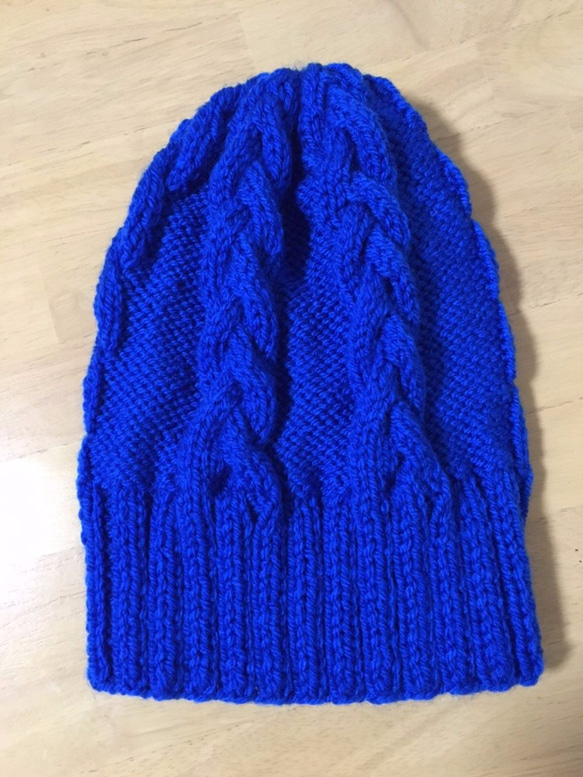 ニット帽　ブルー　模様編み 2枚目の画像