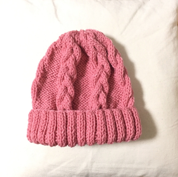春色ニット帽　ピンク　模様編み 2枚目の画像