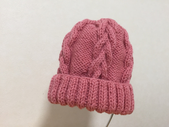 春色ニット帽　ピンク　模様編み 3枚目の画像
