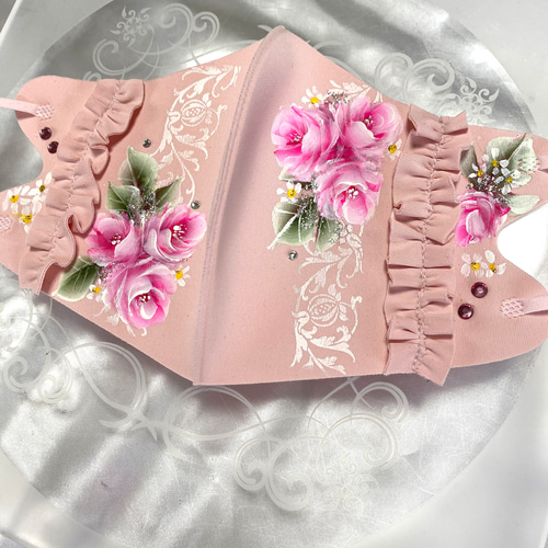 ハンドメイドマスク♥トールペイント薔薇ピンクローズ♥抗菌