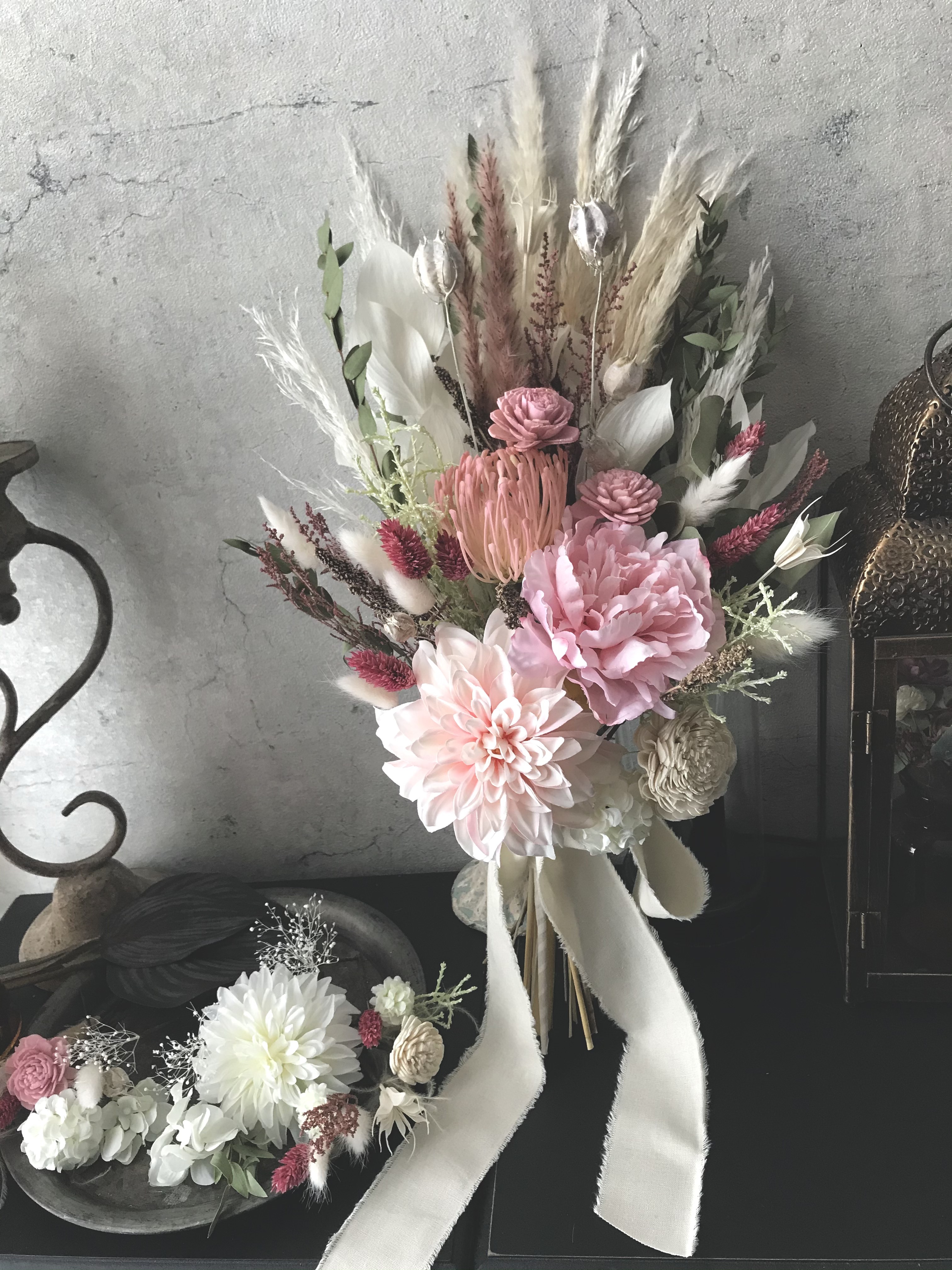 ダリア×シャクヤクの和装用ブーケ＆ヘッドパーツsetゆっぴ様用ページ/ブートニア無し＊白無垢×薄ピンクの色掛下に合わせて