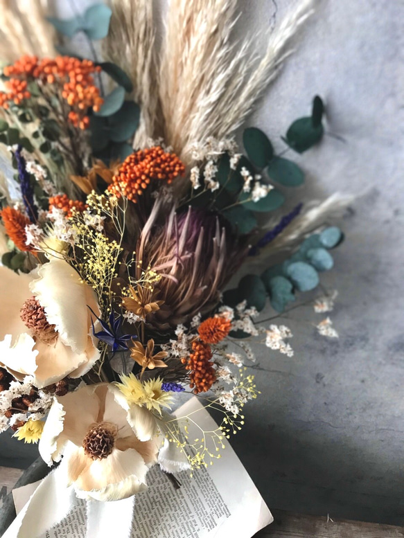 パームフラワー×パンパスグラスのカラフルドライフラワーブーケ＆ブートニアset 