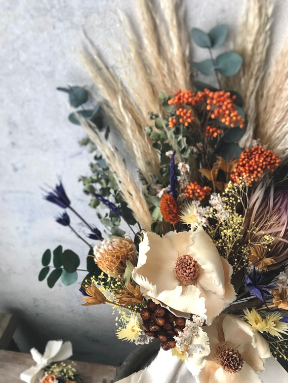パームフラワー×パンパスグラスのカラフルドライフラワーブーケ＆ブートニアset 