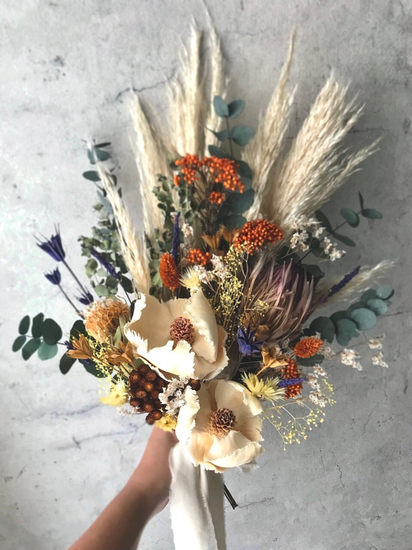 パームフラワー×パンパスグラスのカラフルドライフラワーブーケ＆ブートニアset 