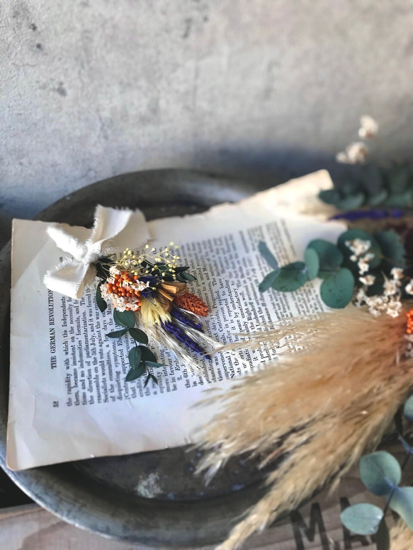 パームフラワー×パンパスグラスのカラフルドライフラワーブーケ＆ブートニアset 