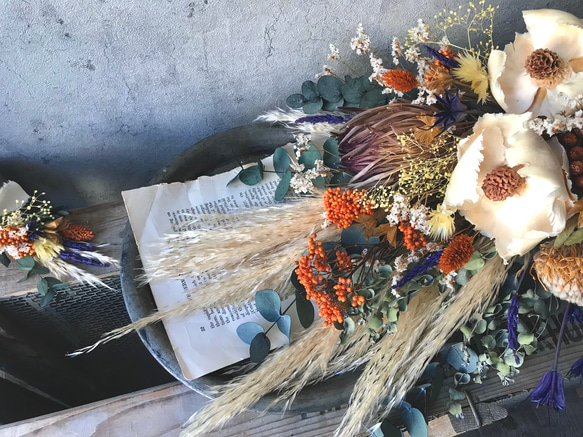 パームフラワー×パンパスグラスのカラフルドライフラワーブーケ＆ブートニアset 