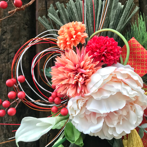 限定2点】芍薬×ピンポンマムのカラーの瓢箪型お正月しめ縄飾り//福寿 