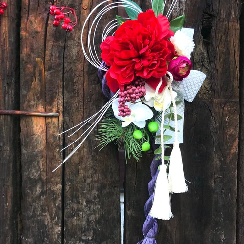 胡蝶蘭×シャクヤクの縦長お正月 しめ縄飾り//朱雀 しめ縄・しめ飾り le