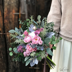 ブーケ・ブートニア _ ◇再販×6】ハーブたっぷり くすみピンクのボタニカルクラッチブーケ