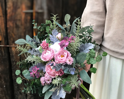 ◇再販×6】ハーブたっぷり くすみピンクのボタニカルクラッチブーケ