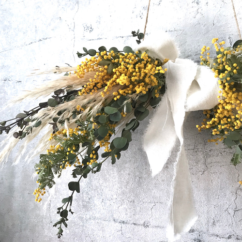 ミモザ×パンパスグラスのドライフラワーガーランド//ハンギング壁掛け