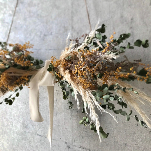 ミモザ×パンパスグラスのドライフラワーガーランド//ハンギング