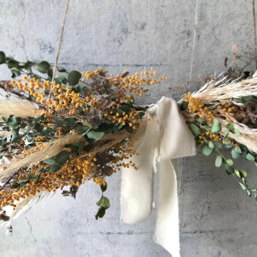 ミモザ×パンパスグラスのドライフラワーガーランド//ハンギング壁掛け