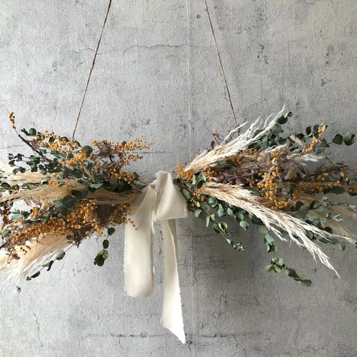ミモザ×パンパスグラスのドライフラワーガーランド//ハンギング壁掛け