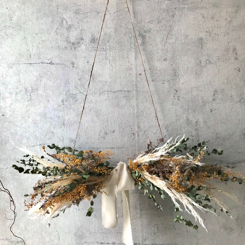 ミモザ×パンパスグラスのドライフラワーガーランド//ハンギング壁掛け