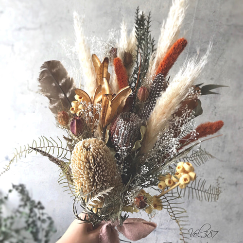 パンパスグラス×フェザーの秋色ドライフラワーブーケ＆ブートニアset  