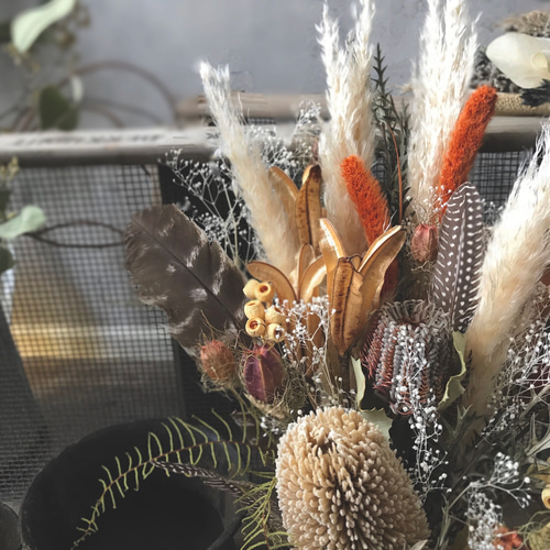 パンパスグラス×フェザーの秋色ドライフラワーブーケ＆ブートニアset  