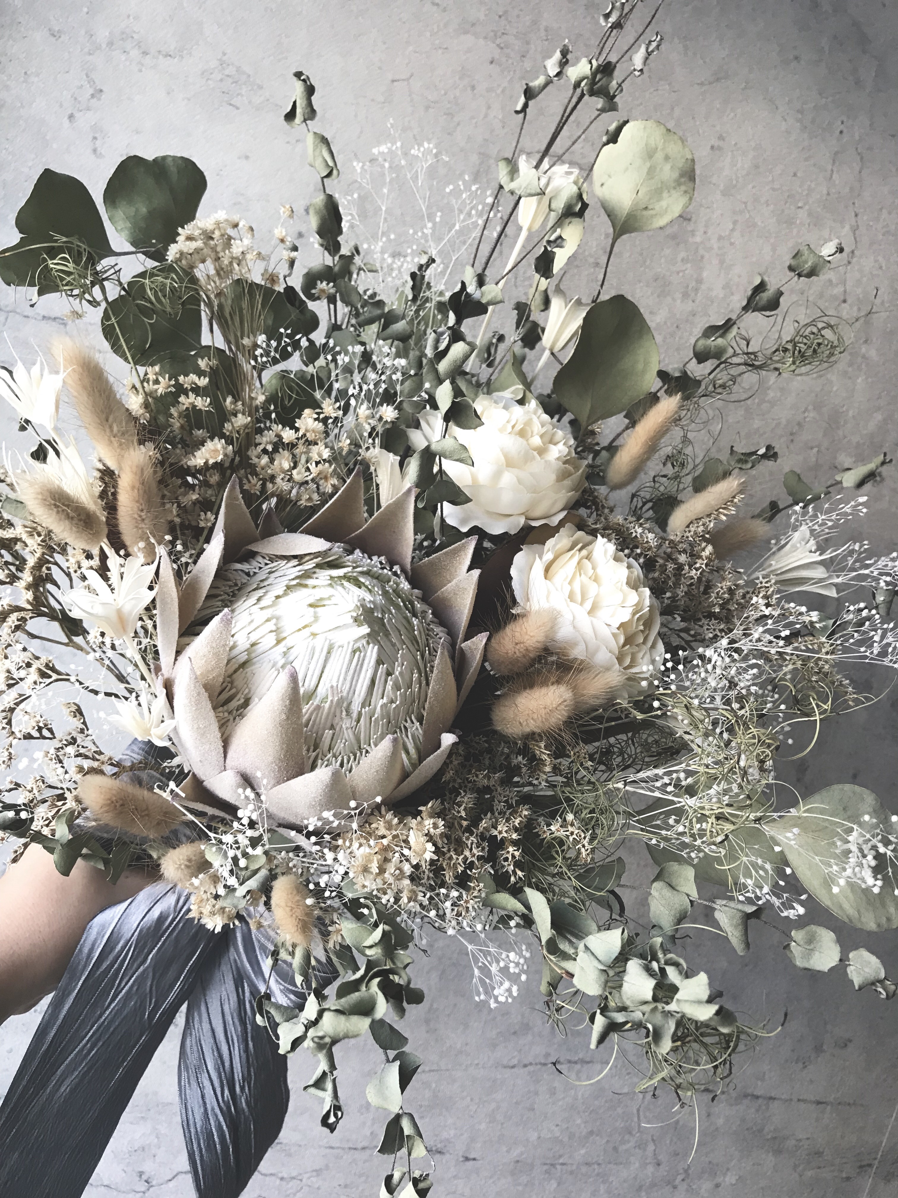 キングプロテア×ユーカリのピスタチオグリーン系ドライフラワーブーケ＆ブートニアset