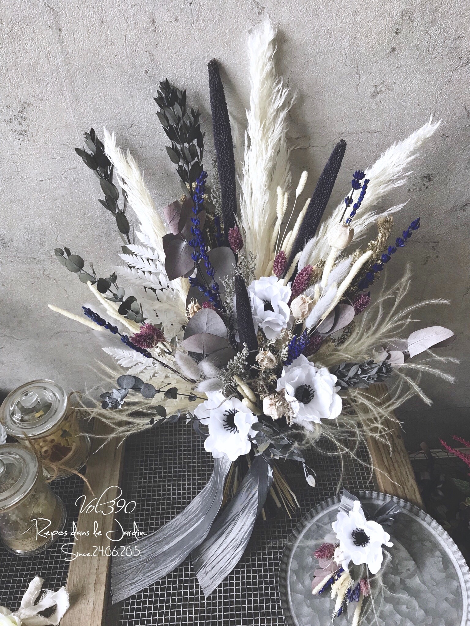 アネモネ×ふわふわスティファのドライフラワーブーケ＆ブートニアset