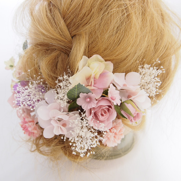 プリザーブドフラワーのかすみ草とピンクのバラのヘッドドレス♡ 1枚目の画像