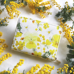 ミモザ＆菜の花＆ビオラ柄』押し花レザーミニ財布【10日以内に発送