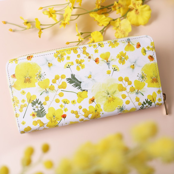 ミモザ＆菜の花＆ビオラ柄』押し花レザー長財布【10日以内に発送】 長