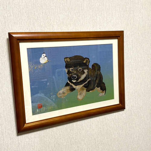 絵画 インテリア 額付(黒) 油絵 F4-072319 子犬と女のこ 絵画 インテリア 額付(黒) 油絵 F4-072319 子犬と女のこ