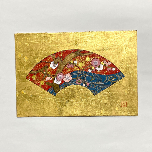 梅流水扇面(金彩絵画)背景に本金箔使用 絵画 キンサイアート 通販 