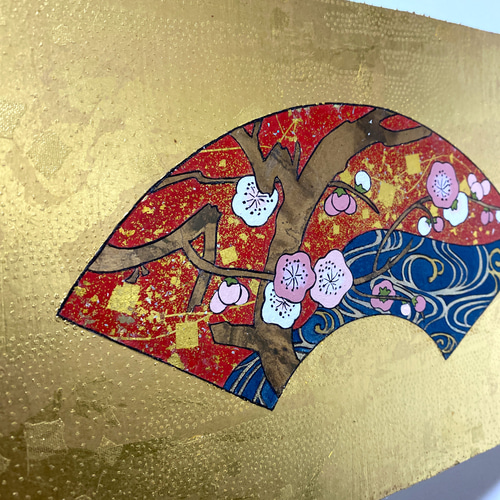 梅流水扇面(金彩絵画)背景に本金箔使用 絵画 キンサイアート 通販 