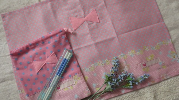入学★給食セット☆巾着＆ナフキン☆アニマル☆くま　いぬ　女の子★ピンク&水玉 2枚目の画像